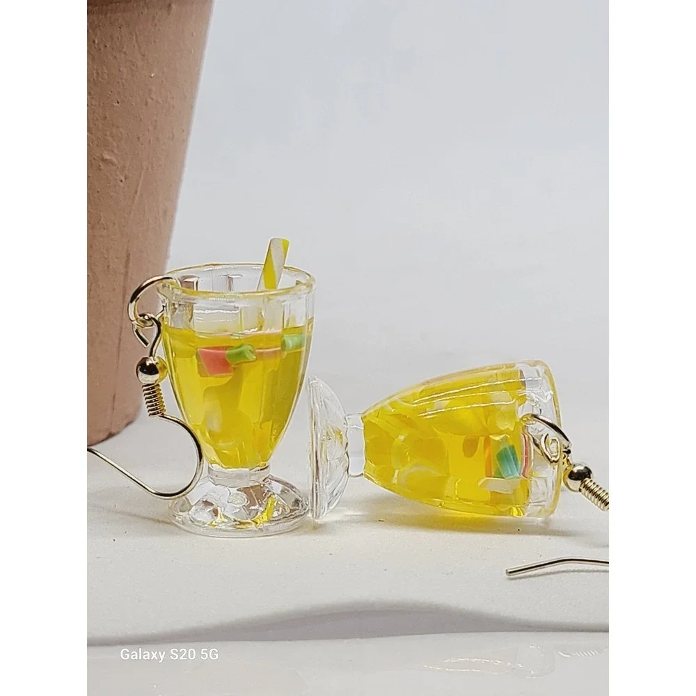 Handmade Yellow Lemonade Glass Drink Earrings Miniature Food Dangle Drops Summer